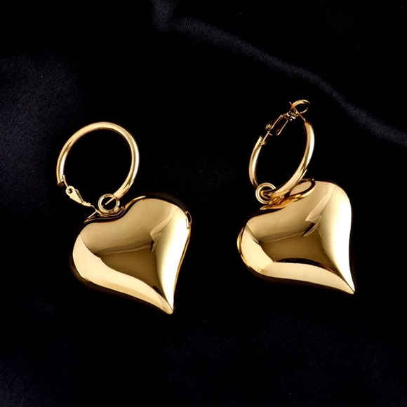Gold & Silver Color Solid Heart Pendant Hoop Dangle Earrings - Picture 5 of 9